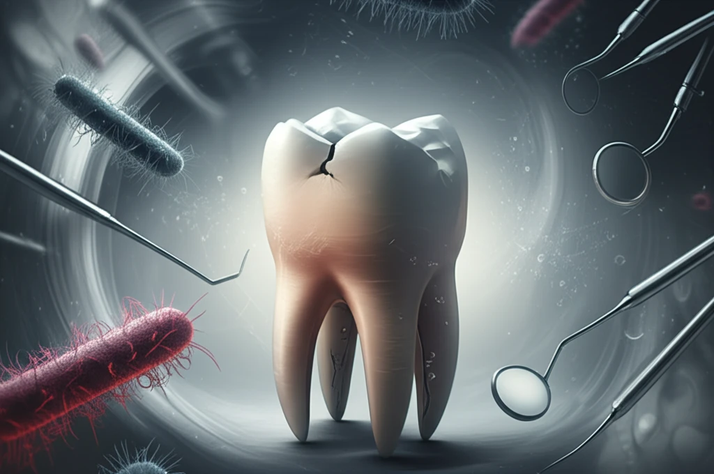 Surreal illustration of a cracked dental crown symbolizing dental restoration failure.