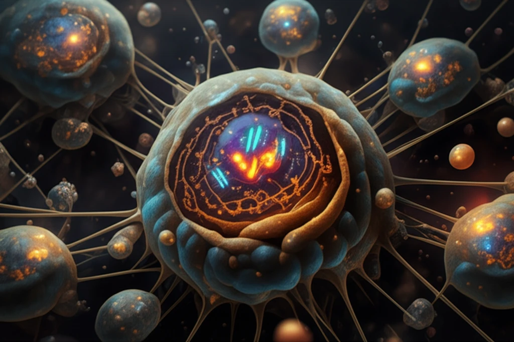 Surreal illustration of cells with glowing VMP1 proteins forming a network, symbolizing autophagy.