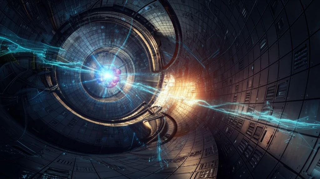 Abstract illustration of a cyclotron accelerating particles.