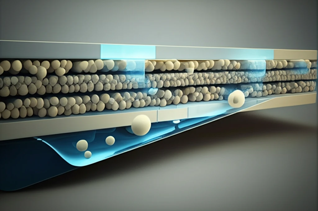 Cross-section of laminated foam insulation with barrier film, symbolizing energy efficiency and sustainability.