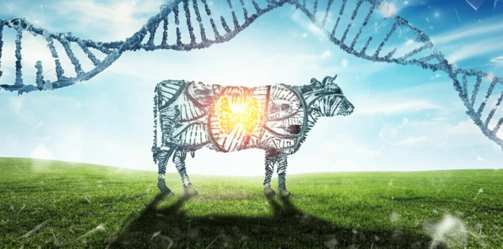 DNA strands forming a cow silhouette with a pasture backdrop, symbolizing genetic influence on cattle fertility.