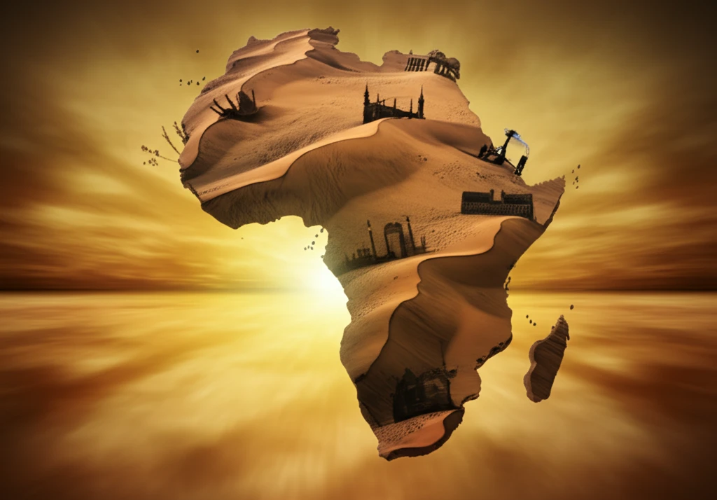 Surreal illustration of the African continent symbolizing political transitions.