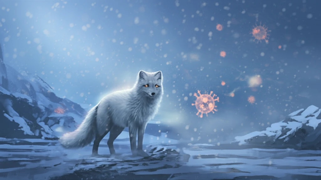 Arctic fox in a blizzard with glowing virus particles