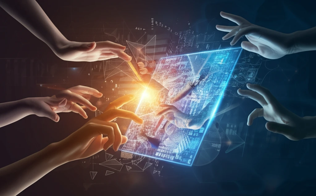 Hands interacting with a multi-touch screen interface