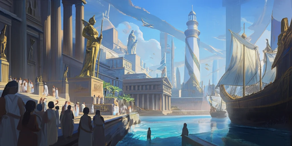 Surreal illustration of ancient Alexandria, a blend of Greek and Egyptian architecture.