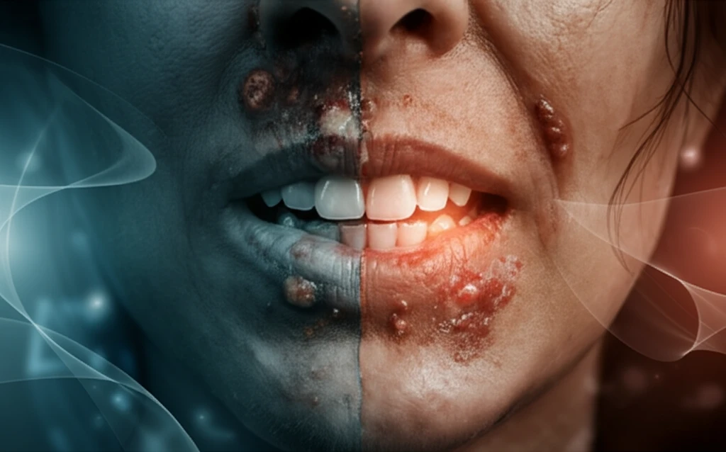 Digital illustration contrasting healthy teeth against abstract shapes representing oral lesions.