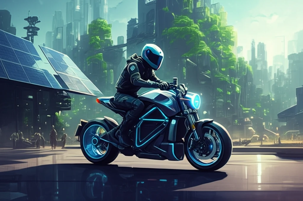 Futuristic electric motorcycle driving through a green city.