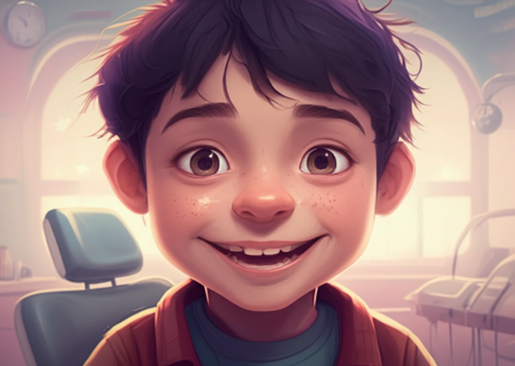 A child's radiant smile with missing teeth symbolized by twinkling stars in a gentle dental setting.