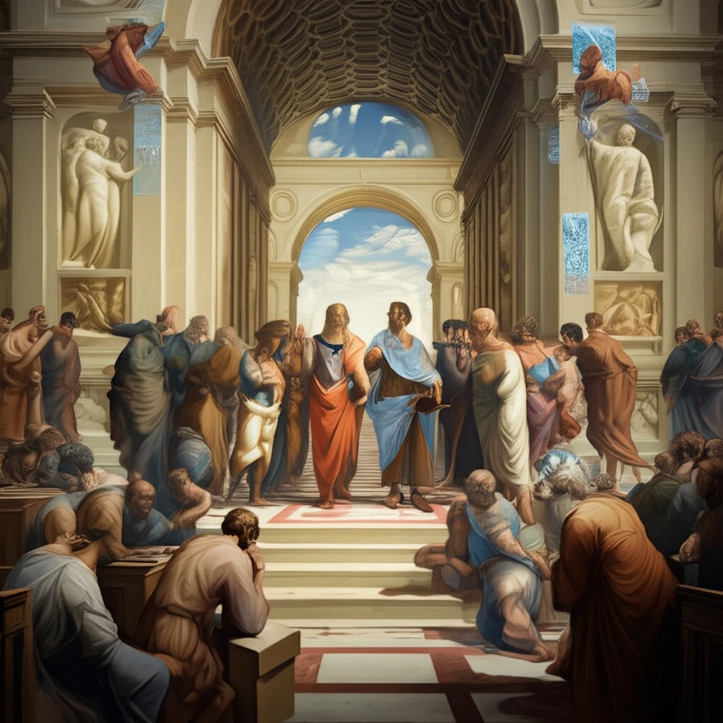 Ancient Greek philosophers debating in a modern parliament.