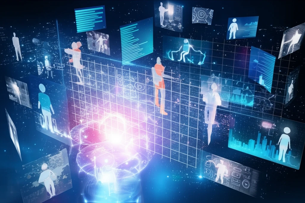 Diverse team collaborating in interconnected holographic workspaces, symbolizing technology and well-being.