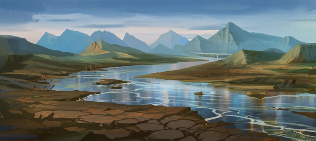 Polluted river winding through a barren landscape.