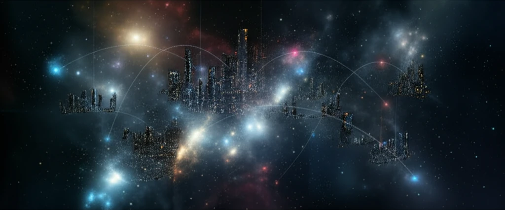Interconnected glowing cities forming galaxy clusters in a vast cosmic landscape.