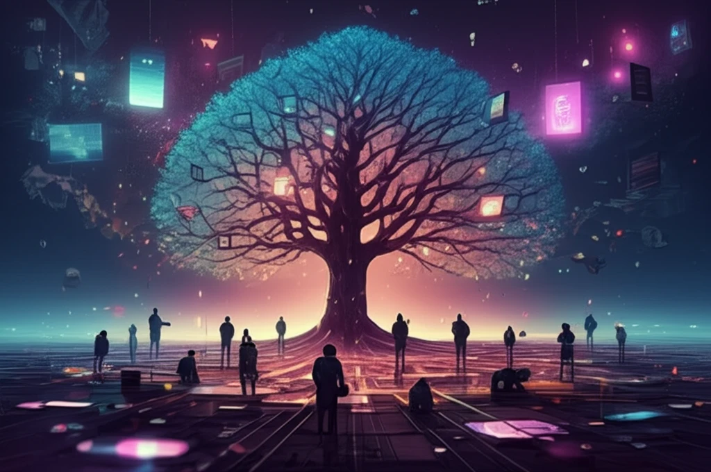 Digital illustration of a glowing tree with roots connecting to devices, symbolizing online religion.