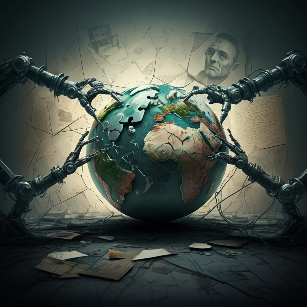 A shattered globe being pieced back together by robotic arms.