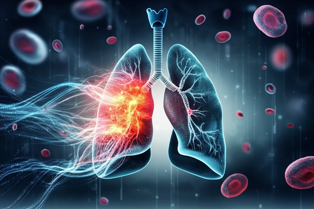 Digital illustration of lung cancer cells evolving into digital data, symbolizing the fusion of traditional pathology and advanced digital analysis for improved cancer diagnosis.