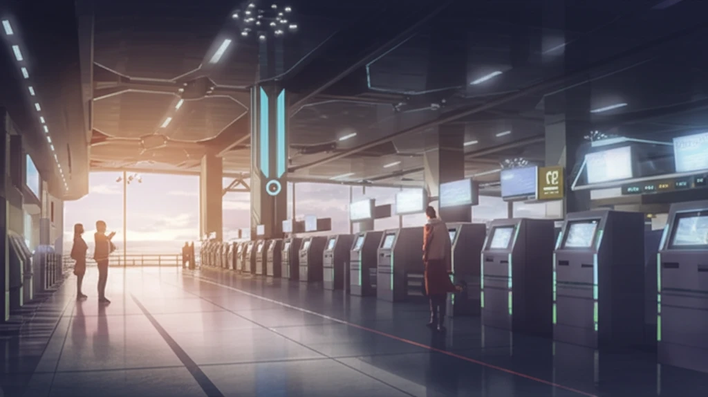 Futuristic airport terminal with self-service check-in kiosks.