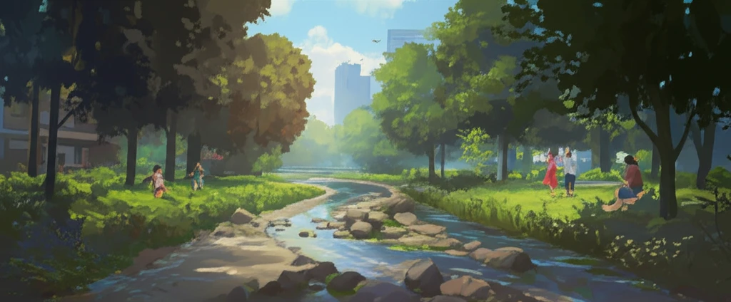 Revitalized urban stream flowing through a city park, showcasing community engagement and environmental restoration.