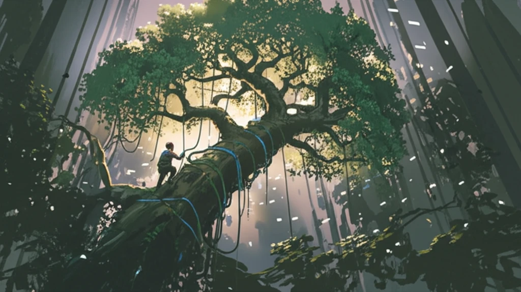 Arborist tending to a tree growing through a cityscape