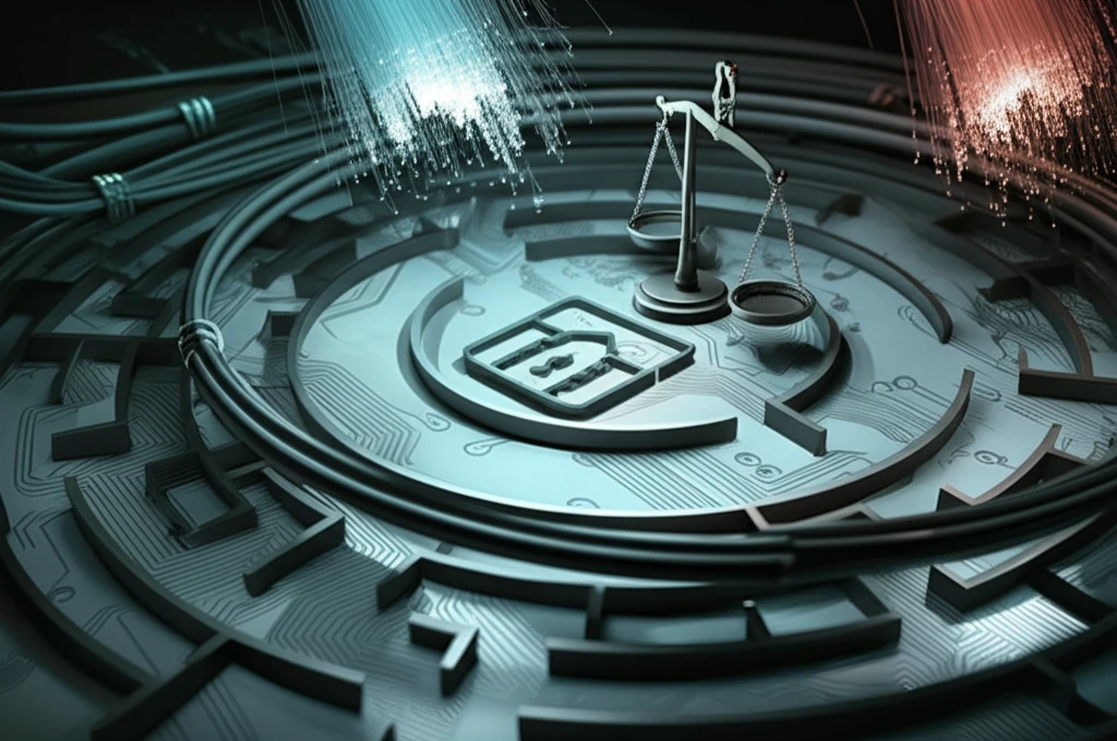 Surreal illustration of technology maze with balanced scales of justice, symbolizing ethics in security research.