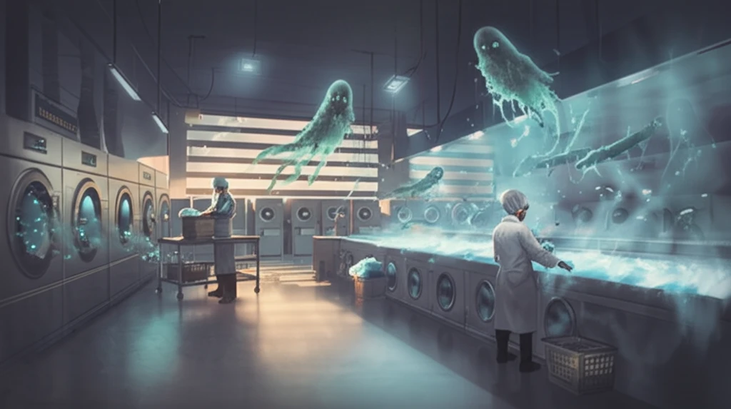 Surreal illustration of a laundry facility highlighting the contrast between contaminated and clean areas, symbolizing the risk to laundry workers.