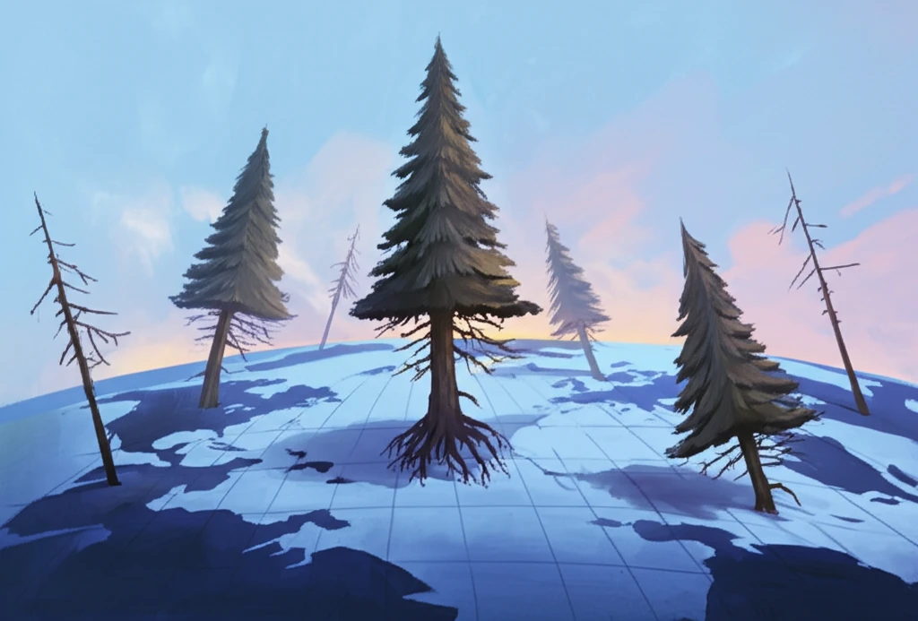 Surreal image of walking pine trees symbolizing climate change and species migration.