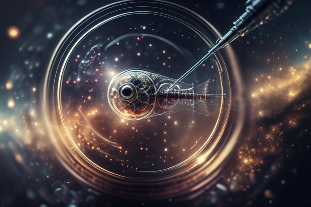 Microinjection into a fish embryo against a cosmic backdrop, symbolizing genetic manipulation and evolutionary potential.