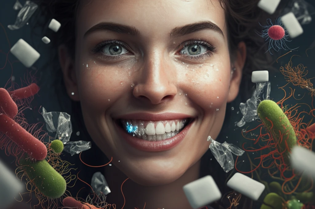 Surreal illustration of a healthy smile with xylitol crystals and chewing gum.