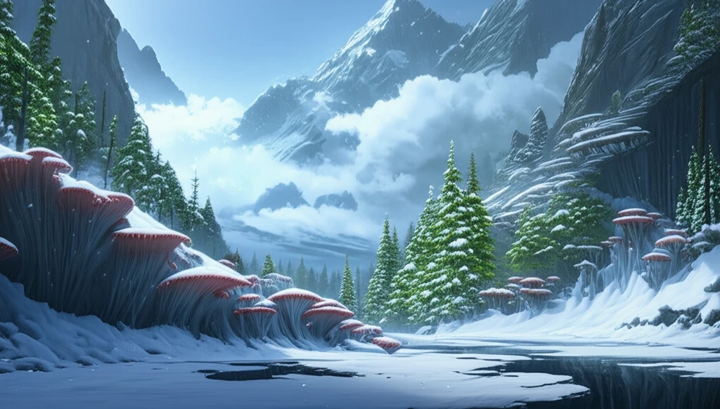 Surreal illustration of fungal networks beneath snow-covered alpine plants.