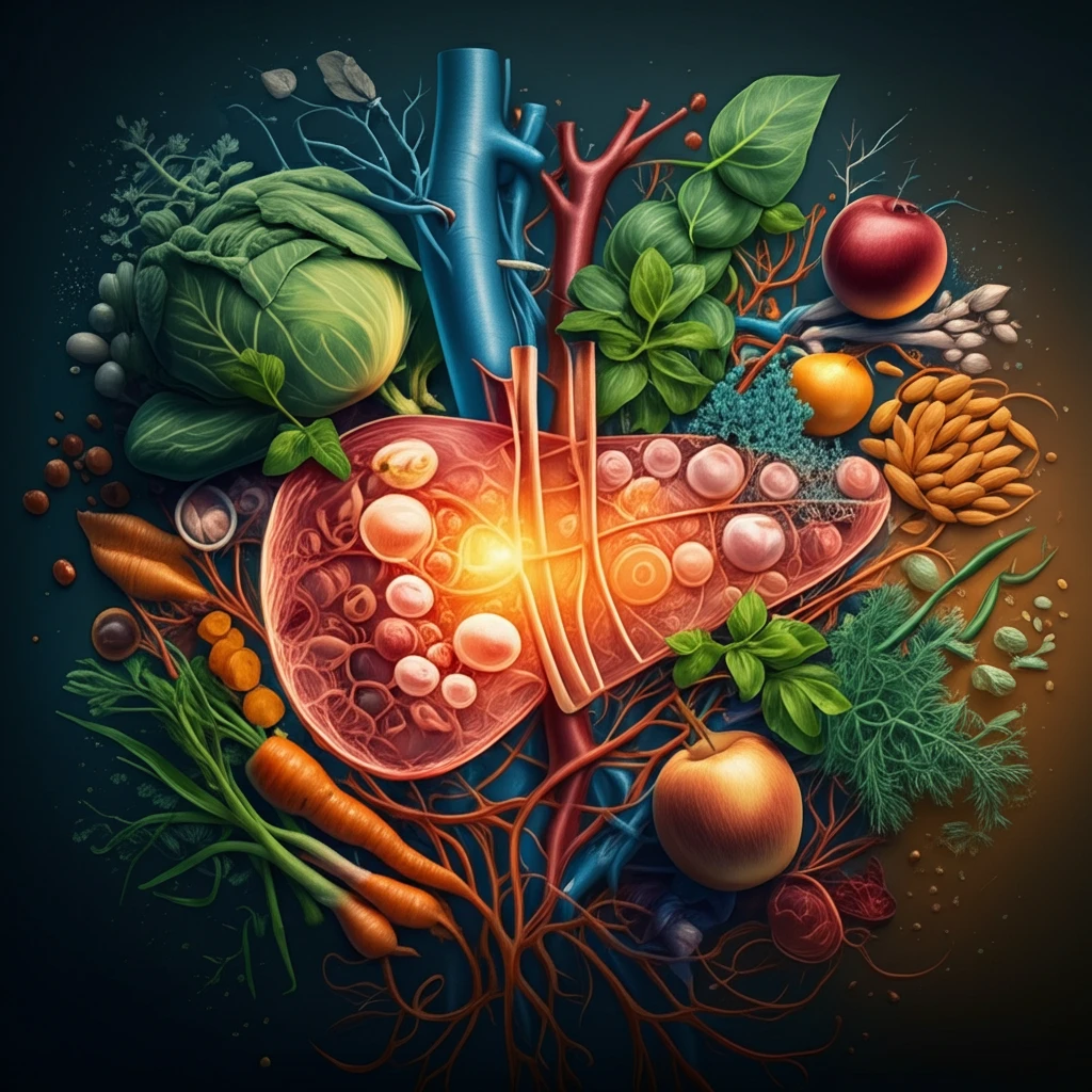 Surreal illustration of a healthy gallbladder with natural foods and dissolving gallstones.