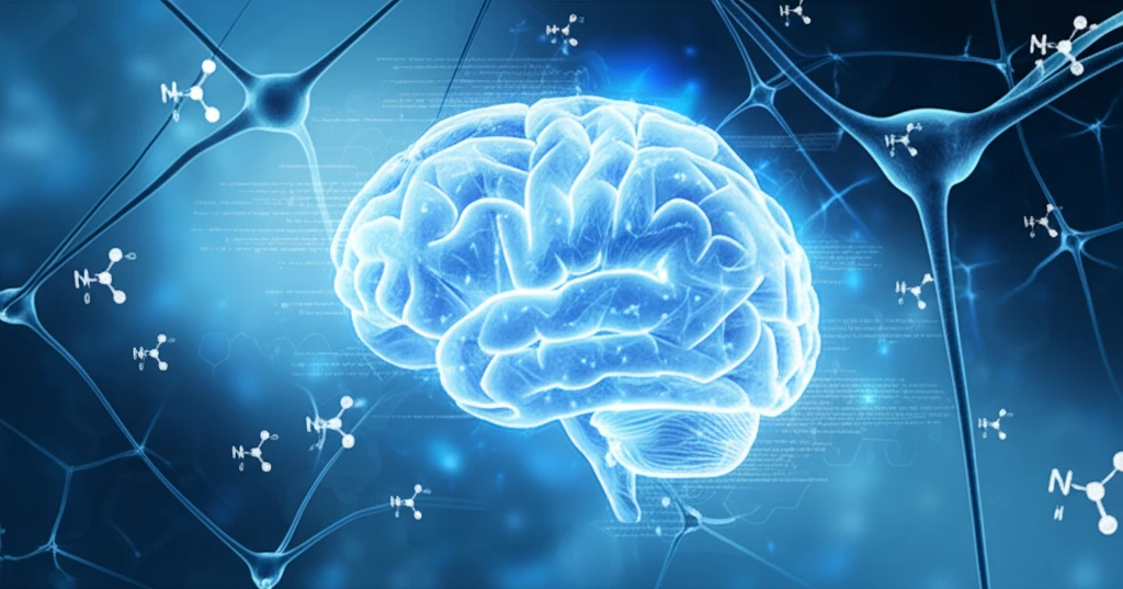 Abstract illustration of enhanced brain function with interconnected neural pathways and carbamate molecules.