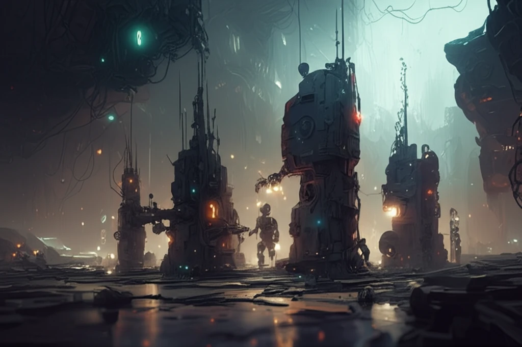Swarm of robots building a futuristic city.