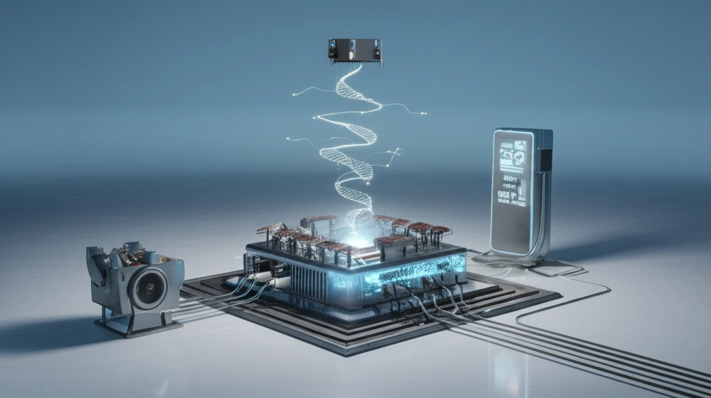 Futuristic electric vehicle charging station with glowing converter.