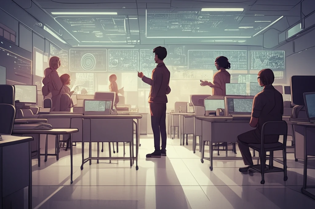 Futuristic classroom with diverse students collaborating on holographic displays.