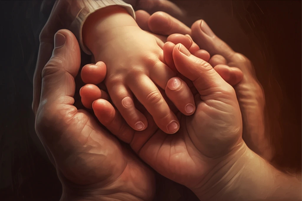 A parent gently holding a child's hand with ectrodactyly, symbolizing care and adaptation.