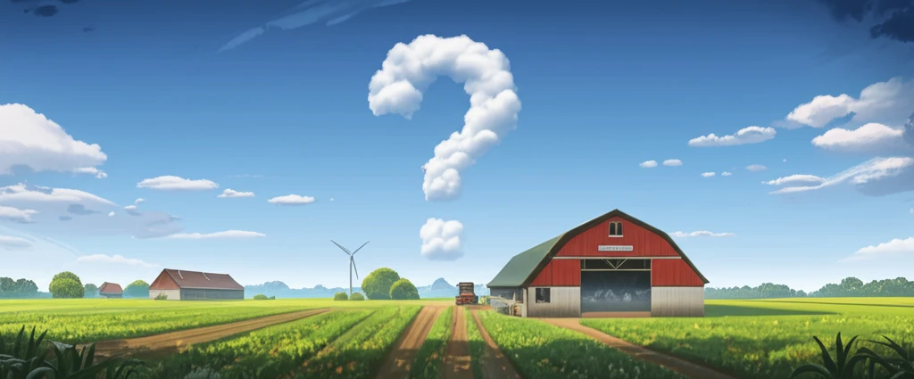Ammonia clouds forming a question mark over a farm, symbolizing emission uncertainty.