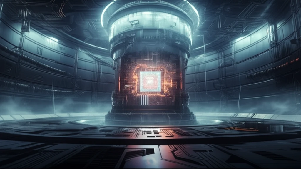 A futuristic quantum computing chip submerged in liquid nitrogen.