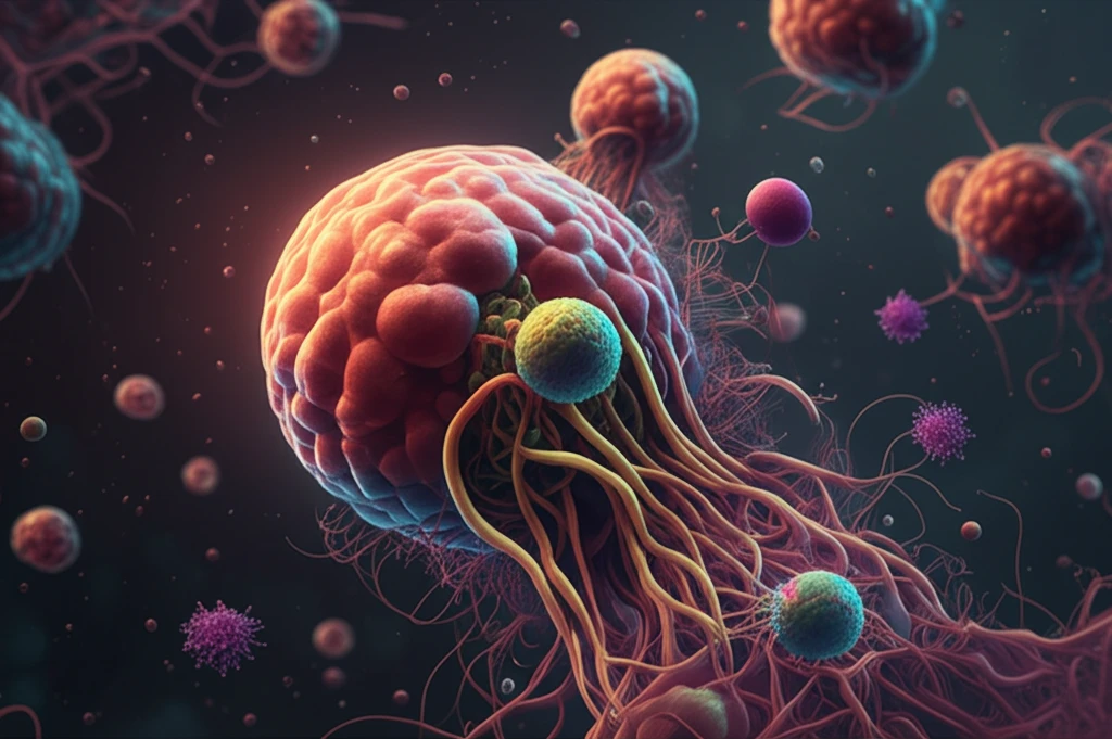Surreal illustration of lipid molecules interacting with cancer cells.