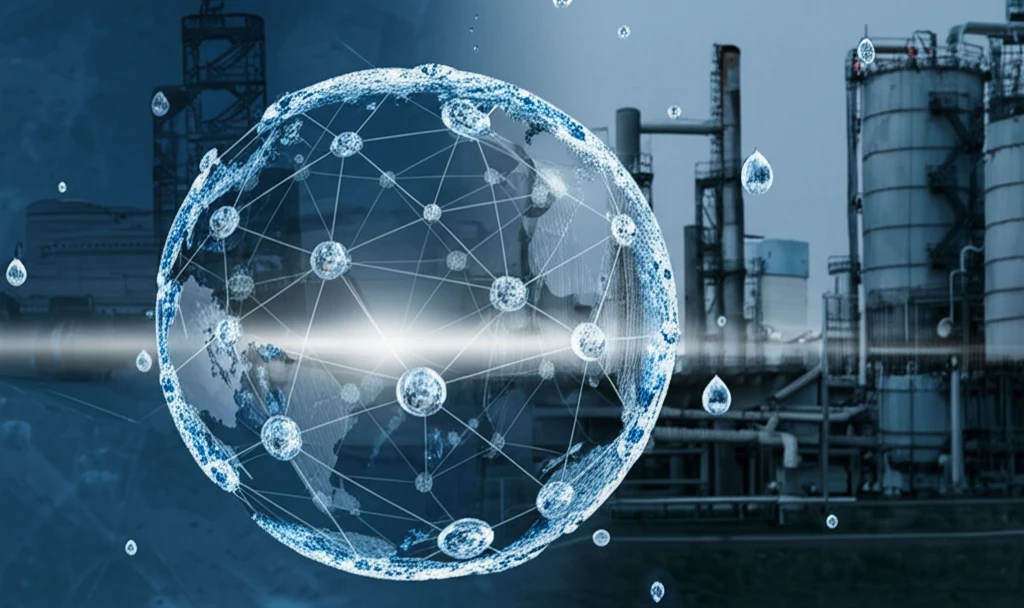 Global network of water droplets symbolizing clean water and technology.