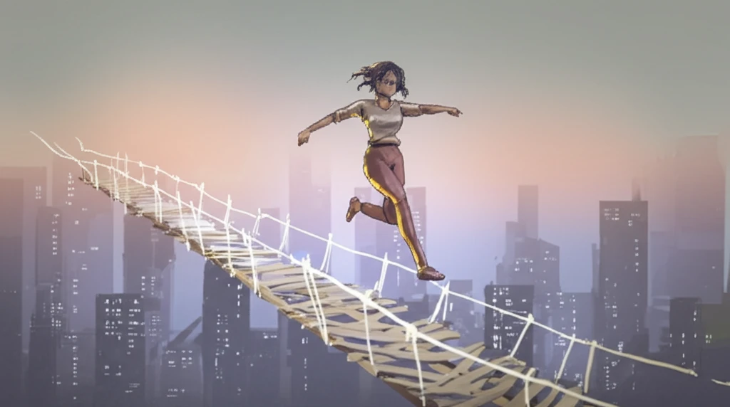 Woman confidently leaping across a light bridge, symbolizing support for urinary incontinence.