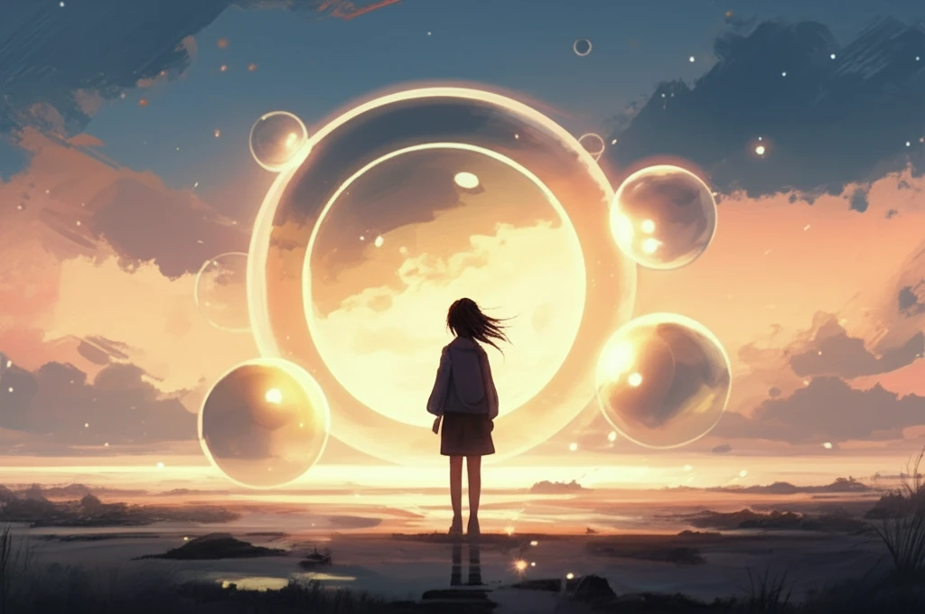 Person surrounded by glowing orbs representing things to be grateful for.