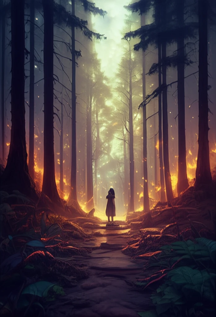 Forest fire regrowth surreal illustration, soil and nutrient cycles