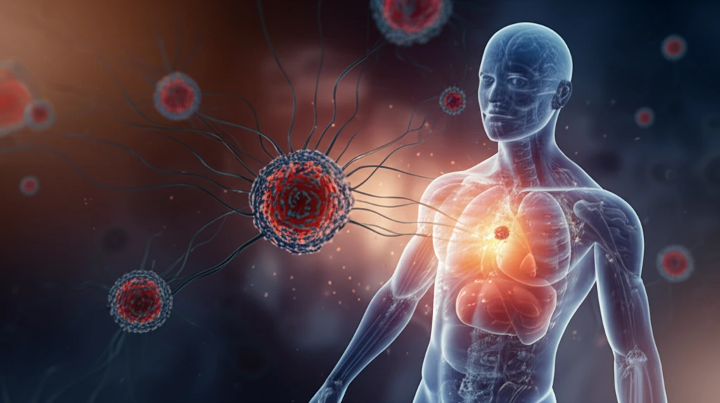 Targeted nano micelles attacking cancer cells in a glowing human body.