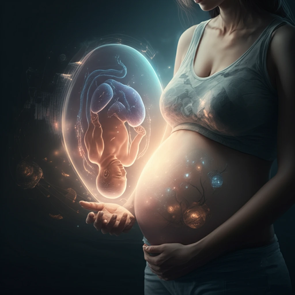 Pregnant woman holding a translucent 3D printed model of her fetus.