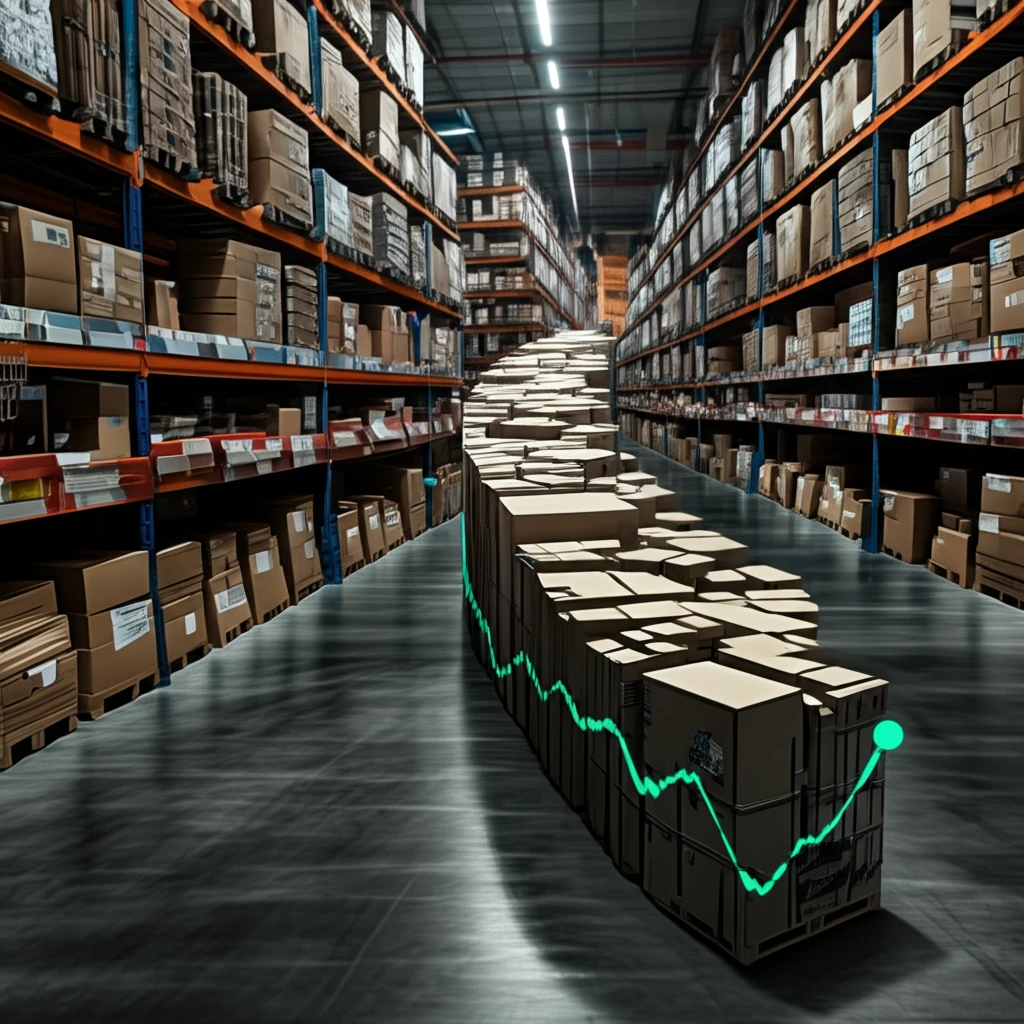 Warehouse shelves depicting a long-tailed distribution curve, symbolizing heavy-tailed distributions in inventory management.