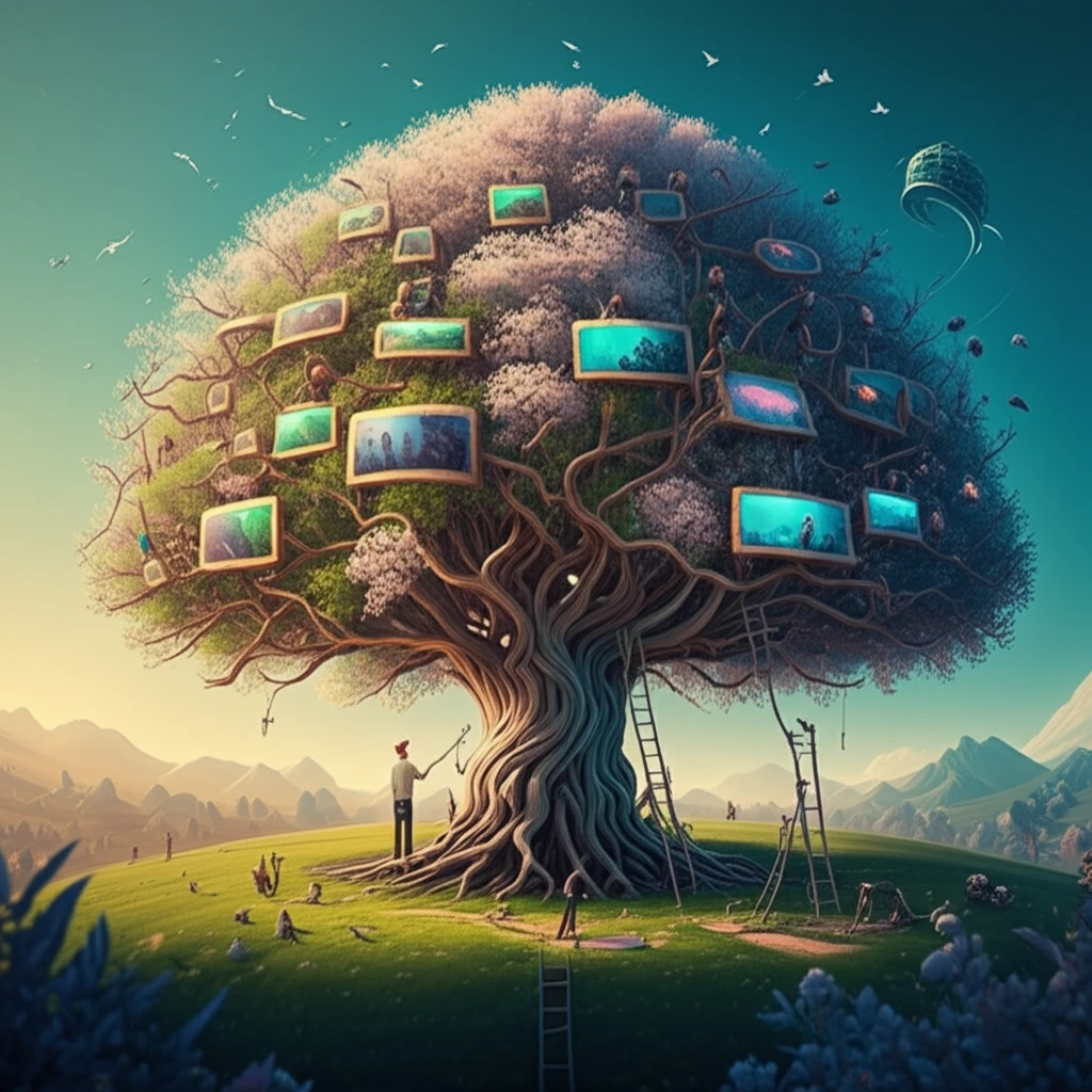 Employees tending to a training tree, symbolizing growth and satisfaction.
