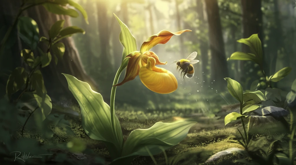 Golden Cypripedium orchid with a bumblebee, symbolizing the intricate pollination process and plant evolution.
