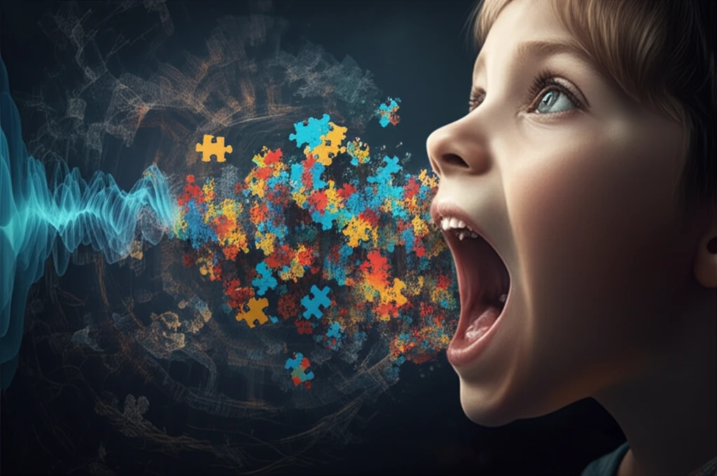 Sound waves transforming into puzzle pieces, symbolizing autism research