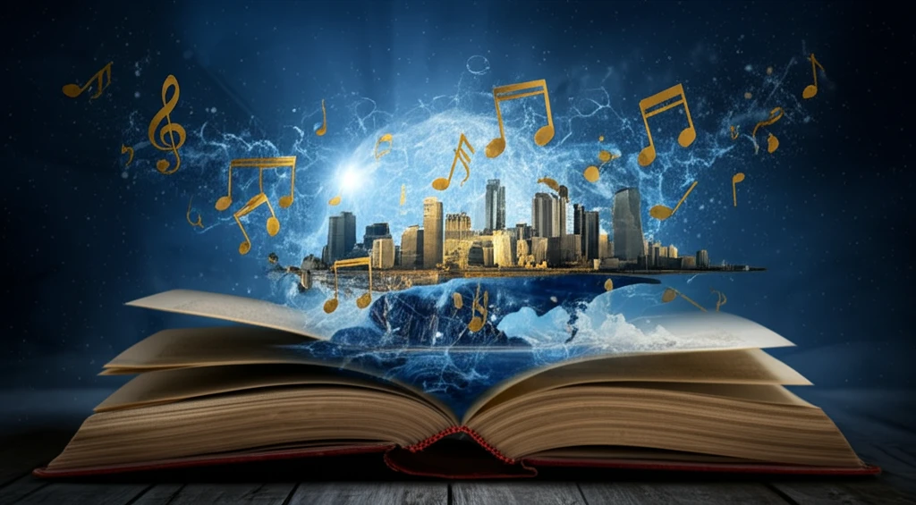 Surreal illustration of music notes transforming into Chilean landscapes.