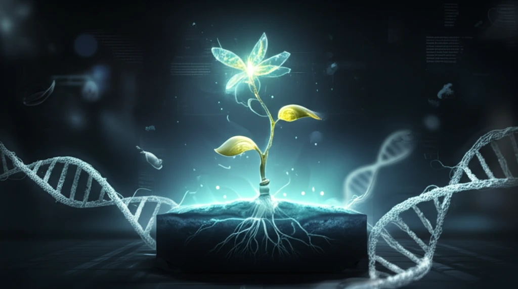 Glowing Arabidopsis seedling with DNA strands.