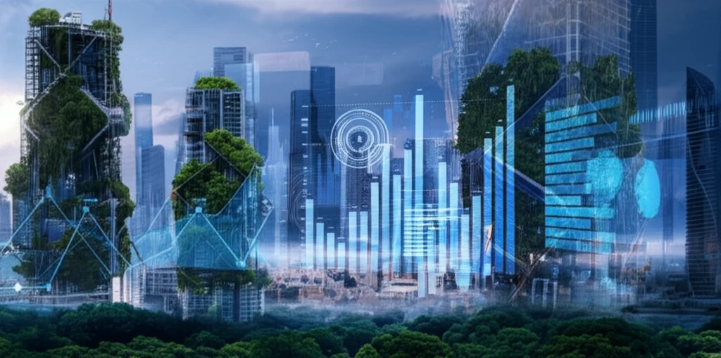 Futuristic cityscape with green buildings and data streams representing sustainable construction risk analysis.